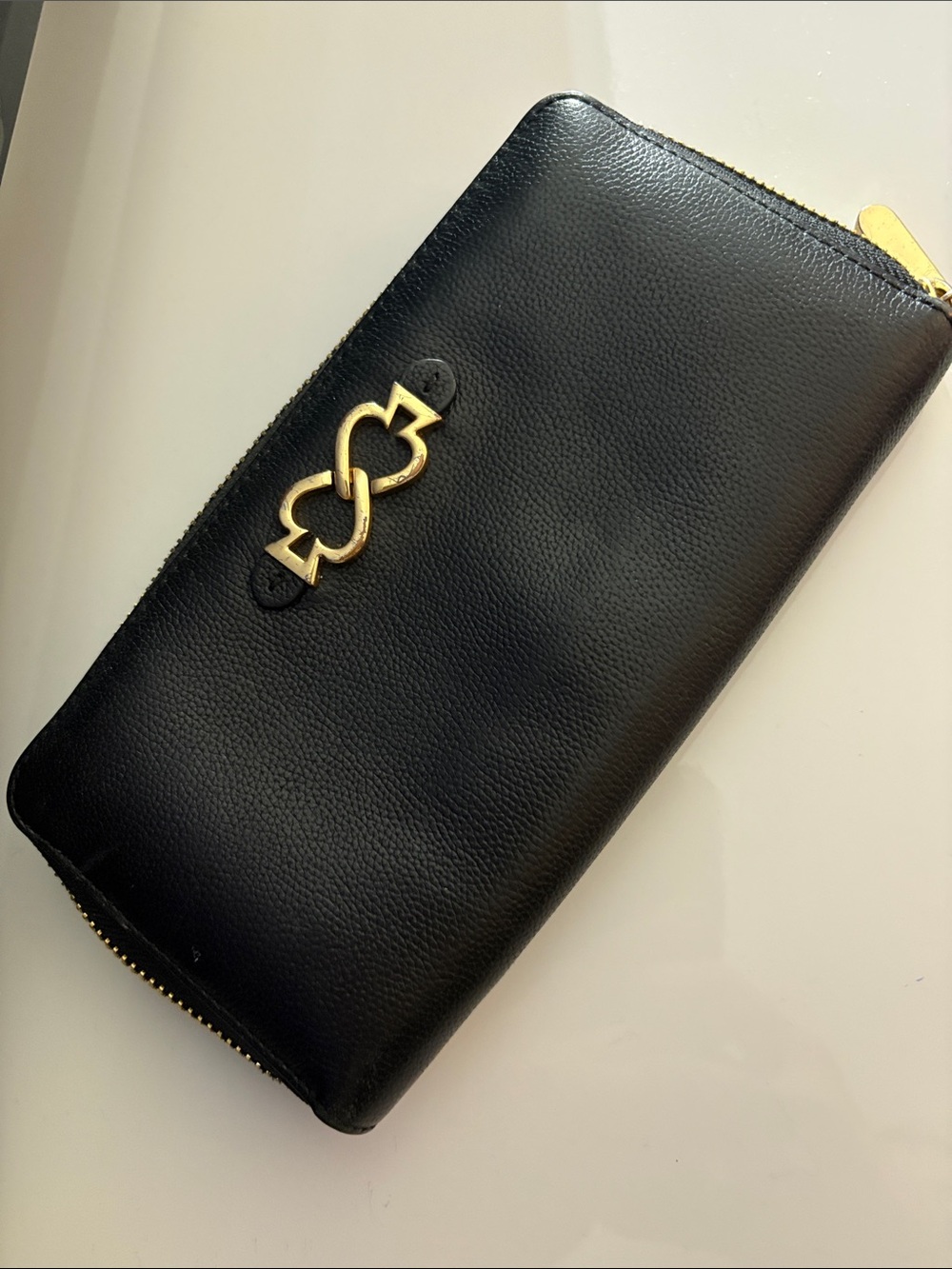 Black Leather Zip Wallet with Gold Heart-Link Accent